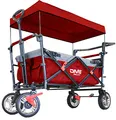 Produktbild: DMS Faltbarer Bollerwagen mit Dach | klappbarer Handwagen/Transportwagen | Vollgummi-Reifen | inkl. Anschallsystem für Kinder | mit Tragetasche und Bremssystemen Rot