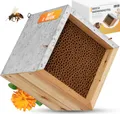 Produktbild: BEESI Bienenhotel mit Metalldach I 600 Nisthülsen aus Pappe 6 & 8 mm Ø I Insektenhotel zum hängen I Wildbienenhotel stabile Aufhängung I + E-Book