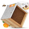 Produktbild: BEESI Bienenhotel mit Metalldach I 600 Nisthülsen aus Pappe 6 & 8 mm Ø I Insektenhotel zum hängen I Wildbienenhotel stabile Aufhängung I + E-Book