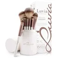 Produktbild: Make-up Pinselset 15-teilig vegan | 12 Profi Schminkpinsel | inkl. Blender, Reinigungsmatte & veganem Leder-Köcher | Prime Vegan Pro | Coffee/Perlmutt | Luvia