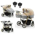 Produktbild: BabyMerc Zwillingswagen Duet Lux Gold 5 in 1 inkl. Sportsitze, Autositze und Isos in 20 Farben beige|braun|grau