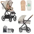 Produktbild: Gesslein Kombikinderwagen FX4 Swing Set, Cognac, Graubraun, Beigebraun, Textil, 55x130x100 cm, EN 1888, UV 50+, Oeko-Tex® Standard 100, Feststellbremse, Fußstütze abklappbar, Federung, kugelgelagerte Räder, Verdeckung abnehmbar, 5-Punkte-Gurt, für Babyschale geeignet, Griff in Lederoptik, mit Tragegriff, Sitz umsetzbar, Reflektorstreifen, abnehmbarer Schutzbügel,5-Punkt-Gurt, Sportsitz verlängertem Verdeck,Matratze, abnehmbares Dach, zusammenklappbar, Baby on Tour, Kinderwagen, Kombikinderwagen