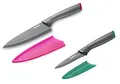Produktbild: Tefal K122S2 Fresh Kitchen 2er Set Kochmesser 15 cm + Gemüsemesser 9 cm | Edelstahl Klinge + titanverstärkte Antihaftbeschichtung | Schutzhülle | spülmaschinenfest | Schwarz/Pink/Grün
