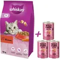 Produktbild: WHISKAS Adult 14 kg - Trockenfutter für ausgewachsene Katzen, mit leckerem Rindfleisch + WILD FARM Pate Pork 3x400g