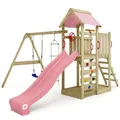 Produktbild: WICKEY Spielturm Klettergerüst MultiFlyer mit Schaukel & pastellpinker Rutsche, Outdoor Kinder Kletterturm mit Sandkasten, Leiter & Spiel-Zubehör für den Garten