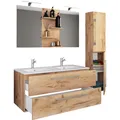Produktbild: VCM 4-tlg. Doppel Waschplatz 2x Waschtisch Badmöbel Set mit Unterschrank, Waschbecken, Hochschrank und Spiegel Doppelwaschbecken Komplettset Budasi SP