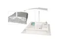 Produktbild: WONDERMAKE® Design Sandkasten mit Matschküche, Dach, Abdeckung OXFORD 420D, Vliesfolie, Sandkiste Holz quadratisch verschließbar Outdoor Garten für Kinder, weiß silber