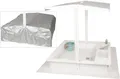Produktbild: WONDERMAKE Sandkasten mit Abdeckung Deckel Dach, 2x Matschküche, Boden Vlies Sandkiste Holz, Design mit Bank quadratisch verschließbar Outdoor Garten weiß silber