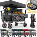 Produktbild: TRESKO® Bollerwagen Faltbar mit Dach Schwarz, Kühlfach & Seitenrollos Handwagen max. belastbar bis 150kg Transportwagen mit Vollgummireifen &