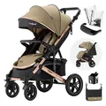 Produktbild: Daliya® Rapidy Buggy Kinderwagen 0-36 Monate Sportwagen mit Liegeposition Wickeltasche, Winterfußsack, Ess- & Spieltisch und mehr (Khaki - Gold)