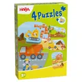 Produktbild: HABA 4 Erste Puzzles – Baustelle – Einstiegspuzzle für Kinder ab 2 Jahren mit Holzfigur, Betonmischer, Kipplaster & Bagger – 2012186003