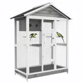 Produktbild: PawHut Voliere Vogelvoliere aus Holz, Vogelkäfig mit 4 Sitzstangen, Stahlgittern, 2 Türen, Vogelhaus für Sittiche, Finken, Stahl, Grau, 112 x 68 x 154 cm