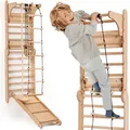 Produktbild: 6-in-1 Holz Schwedenwand & Rutschensatz – Vielseitiges Kletterdreieck Set für Kinder mit Leiter, Rutsche, Monkey Bars – Perfekt für 2 bis 12 ... - Beige