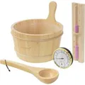 Produktbild: LuxeBath Saunazubehör aus Holz Eimer Kelle Thermo-Hygrometer Sanduhr