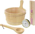 Produktbild: LuxeBath Saunazubehör-Set aus Kiefernholz 4-teilig Sauna Set Aufgusskübel Kelle Thermometer-Hygrometer & 15min. Sanduhr Saunaeimer 4,5L Sauna Zubehör
