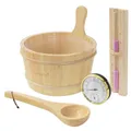 Produktbild: LuxeBath Saunazubehör-Set aus massivem Kiefernholz, Sauna Set 4-teilig, Aufgusskübel & Kelle, Thermometer-Hygrometer & 15min. Sanduhr, Saunaeimer 4,5L mit Kunststoffeinsatz, Langlebiges Sauna Zubehör