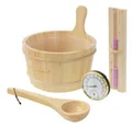 Produktbild: LuxeBath Sauna-Aufgussset 4-teilig Saunazubehör-Set aus massivem Kiefernholz, Sauna Set Zubehör Inkl. 4,5L Aufgusskübel, Kelle, Thermometer-Hygrometer, 15min. Sanduhr
