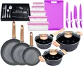 Produktbild: KING Topf-Set »ESSENTIAL« Aluminium, Induktion, Antihaftbeschichtung, Aluminiumguss (Set, 55-tlg., 2 Töpfe, 1 Stieltopf, 3 Glasdeckel, 1 Besteck-Set + Etui), 3 Pfannen, 4 Küchenmesser, 1 Schneidebrett, 5 Vorratsdosen mit Deckel