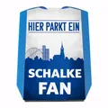Produktbild: speecheese Hier parkt EIN Schalke Fan Parkscheibe in Vereinsfarben mit Zwei Einkaufswagenchips als Geschenk für Fußballfans die ihren Verein über Alles lieben und überall verfolgen