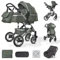 Produktbild: BRONEA EXQUISE 2.0 Kinderwagen 3-in-1 Komplettset Inkl. Auto-Babyschale & Matratze für Babywanne | Buggy, Zusammenklappbar, Wickeltasche, Regenschutz, Mücken- & Sonnenschutz (Silber-Dusty Green)
