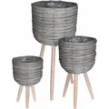 Produktbild: 3er Set Rattan Blumenständer Grau - Ø 30 Cm / 25 Cm / 21 Cm - Pflanztopf Auf Holz Beinen Direkt Bepflanzbar - Blumen Topf Pflanz Kübel