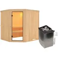 Produktbild: Karibu Woodfeeling Sauna Bodo - 68 mm Aktionssauna Bronzierte Ganzglastür Ohne Dachkranz 9 kW Ofen integr. Steuerung inkl. 10-teiligem gratis Saunaset im Wert von 232,94 €