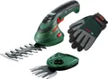 Produktbild: Bosch Akku Grasscheren Set Isio (3,6 Volt, Messerlänge 12 cm, Messerabstand 8 mm, mit XL-Gartenhandschuhen inklusive) – Amazon Edition