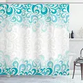 Produktbild: ABAKUHAUS Abstrakt Duschvorhang, Floral klassischer Entwurf, Stoffliches Gewebe Badezimmerdekorationsset mit Haken, 175 x 240 cm, Teal Turquoise Weiß
