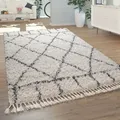 Produktbild: Paco Home - Wohnzimmer Teppich Shaggy Hochflor Modern Rautenmuster Karo In Creme Blau 120x170 cm