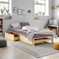 Produktbild: Homestyle4u Holzbett Palettenbett 90x200 mit Lattenrost 2 Bettkästen Natur Futonbett Palettenmöbel Bett Massivholzbett