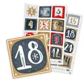 Produktbild: itenga 24x Adventskalenderzahlen groß 6cm eckig Sticker Aufkleber 1 bis 24 grau rot gold mit Weihnachtsmotiven