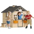 Produktbild: Outsunny - Spielhaus für Kinder Holz Kinderspielhaus mit Fenster Briefkasten Outdoor Gartenspielhaus mit Blumentopfrack Holzspielhaus für 3-7 Jahre