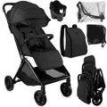 Produktbild: MoMi ANDREA – Ultraleichter Baby Kompaktbuggy 7,3 kg mit automatischer Faltung & Drehbügel, bis 22 kg, inkl. Rucksack & Zubehörset – Schwarz