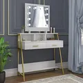 Produktbild: WOLTU Schminktisch mit Beleuchtung, LED Spiegel, Kosmetiktisch mit 2 Schubladen, Ablage Schmuckfach 90x153x40 cm, Schreibtisch Weiß Gold, Metall und Holz, MB6076ws