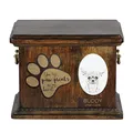 Produktbild: Art-Dog Custom Dog Memorial Urne - Handgefertigtes Bronzeportrait auf Birkensockel mit personalisiertem Keramikteller - Elegante Hundeeinäscherungsbox - 8,3x11,4x8,7