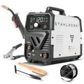 Produktbild: STAHLWERK Schweißgerät Mini FLUX 120 ST Digital – Fülldrahtschweißen (FLUX) ohne Schutzgas bis 120 A, kompakt mit synergischem Drahtvorschub und LED-Licht, Lift-TIG- und MMA-Funktion (E-Hand/ARC)