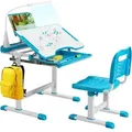 Produktbild: Costway - Kinderschreibtisch Set mit Bücherstaender& LED-Licht, hoehenverstellbarer Kindertisch und Stuhl mit gekippter Tischplatte&Schublade, Kinder