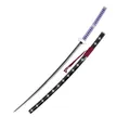 Produktbild: Dekoratives Katana S5042 von Trafalgar Law aus One Piece, inoffizielle Replik, 140 cm Schwarze Stahlklinge mit satiniertem Schnitt, lila Kordelgriff und mit Samt bezogene Tsuba, inklusive Ständer.