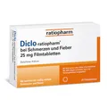Produktbild: Diclo-ratiopharm® 25 mg Filmtabletten: Lindern Schmerzen und wirken fiebersenkend sowie entzündungshemmend. Mit dem Wirkstoff Diclofenac. 20 Filmtabletten