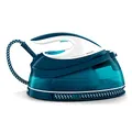Produktbild: Philips Domestic Appliances Perfect Care Compact Dampfbügelstation - OptimalTemp Technologie, 120 g/min Dauerdampf, 2400 Watt, 6,5 bar Druck, 1,5 L Wassertank, SteamGlide Bügelsohle, Blau (GC7844/20)