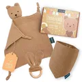Produktbild: Amari ® Schmusetuch (Braun Bär) mit Beißring und Lätzchen, Geburt für Junge und Mädchen - Baby Geschenk Neugeborene - Schnuffeltuch Babygeschenke Set zur Babyparty