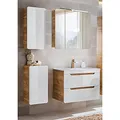 Produktbild: Lomadox Badezimmermöbel Set mit 81 cm Waschtisch & LED-Spiegelschrank, Hochglanz weiß mit Wotan Eiche Nb., Hängschrank, Unterschrank