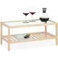 Produktbild: Couchtisch, Wohnzimmertisch mit Glasplatte, Holz, hbt 35 x 80 x 40 cm, rechteckiger Sofatisch, 2 Etagen, natur - Relaxdays