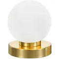 Produktbild: Reality Leuchten LED Nachttischlampe, Dimmfunktion, LED wechselbar, Warmweiß, kleine Bauhaus Lampe touch dimmbar Glas-kugel Lampenschirm Weiß Ø 12cm goldfarben
