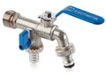 Produktbild: Bächlein Universal Doppel Auslaufhahn für den Garten [blau] inkl. 2 Schlauchanschlüssen - edler Doppelwasserhahn mit 1/2 Zoll Anschluss und 3/4 Zoll Adapter, Doppel Kugel-Auslaufventil