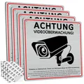 Produktbild: 4 Stück Achtung Videoüberwachung Schild Privatgrundstück mit DSGVO Hinweis, 15x15cm, Gebürstetes Aluminium, Selbstklebend und 4 Bohrlöcher, Kamera Überwachung Schild, Hinweisschild Videoüberwachung