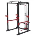 Produktbild: GORILLA SPORTS® Power Rack - mit Klimmzugstange, Kabelzug, Latzug und Hantelablagen, Multigriff, Verstellbar, Stahl - Power Cage, Kraftstation