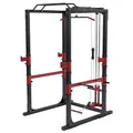Produktbild: GORILLA SPORTS® Power Rack - 130 x 140 x 214,5 cm, mit Klimmzugstange, Kabelzug, Latzug und Hantelablagen, Multigriff, Verstellbar, Stahl - Power Cage, Kraftstation, Fitness Rack, Fitnessstation