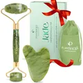 Produktbild: PLANTIFIQUE Jade Gesichtsroller und Gua Sha Stein Set - Natürliches Jade Face Roller & Guasha für Lymphdrainage und Massage Gesicht, Augenroller - Gesichtsmassage Roller
