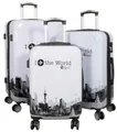 Produktbild: Warenhandel König Trolleyset Fly the World, 4 Rollen, (Gr. M, L und XL, 3 tlg., M, L und XL), mit Motiv, aufrecht rollbar, mit Dehnfalte (Gr. L und XL)